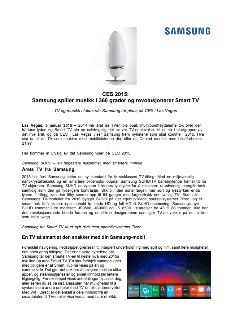 CES 2015: Samsung spiller musikk i 360 grader og revolusjonerer Smart TV