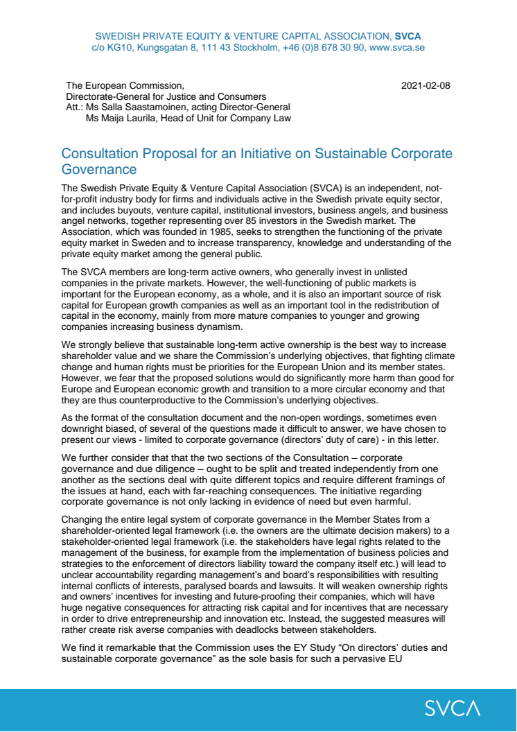 Consultation Proposal for an Initiative on Sustainable Corporate Governance