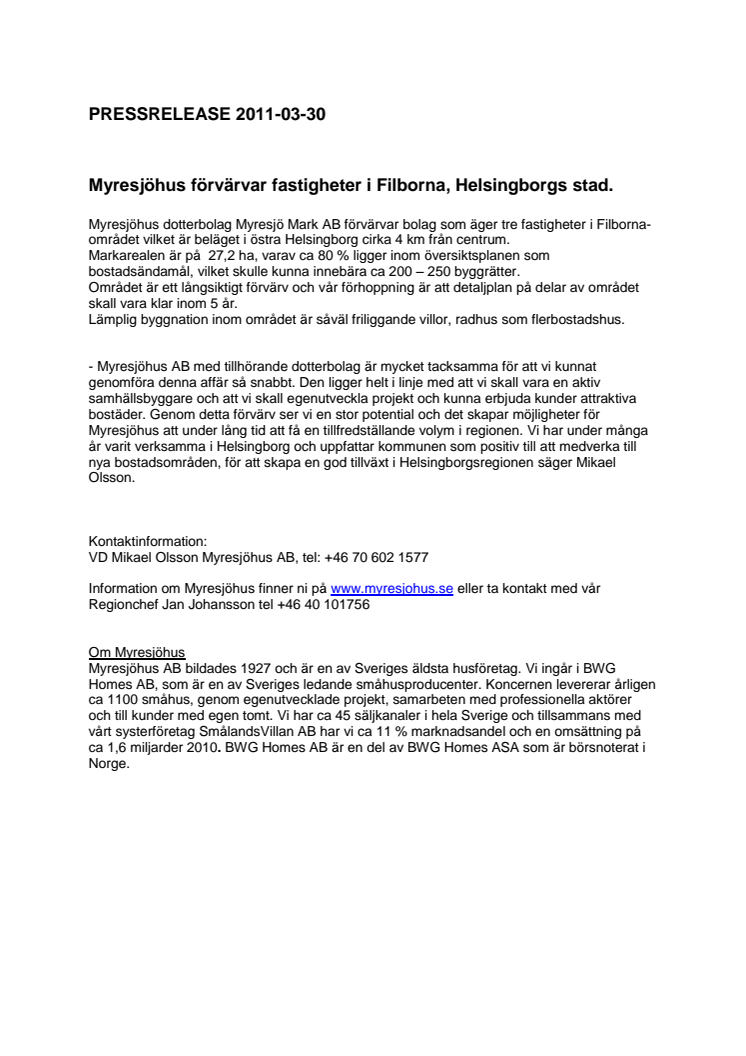 Myresjöhus förvärvar fastigheter i Filborna, Helsingborgs stad