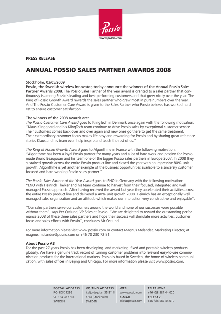 ANNUAL POSSIO SALES PARTNER AWARDS 2008