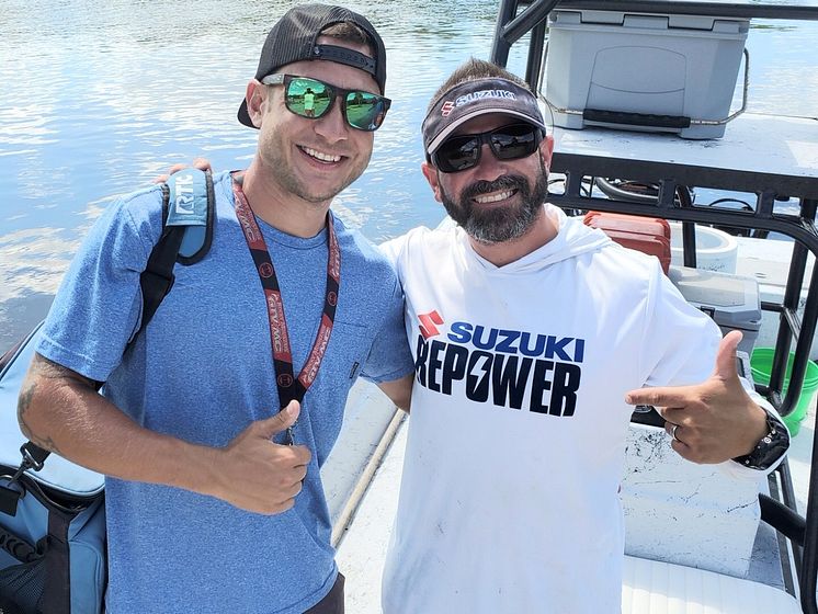 Image - Mastry Engine Center - Mathew Cobb, grand prize winner of Mastry Engine Centers Owner's Edge Strike It Big Contest, with Captain Travis Yaeckel, of the Instinct Fishing Company