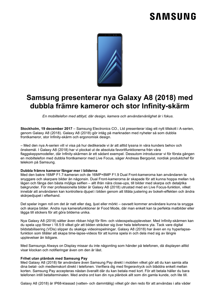 Samsung presenterar nya Galaxy A8 (2018) med dubbla främre kameror och stor Infinity-skärm
