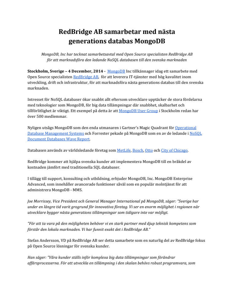 RedBridge AB samarbetar med nästa  generations databas MongoDB