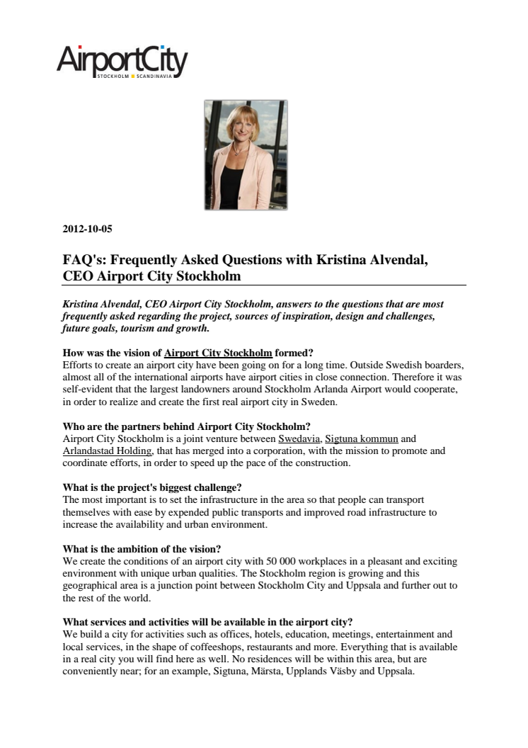 FAQs Kristina Alvendal, CEO Airport City Stockholm_English version