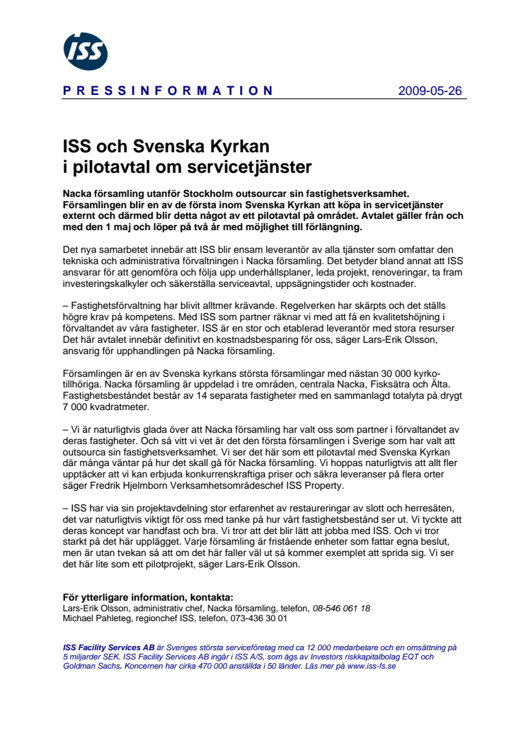 ISS och Svenska Kyrkan i pilotavtal om servicetjänster