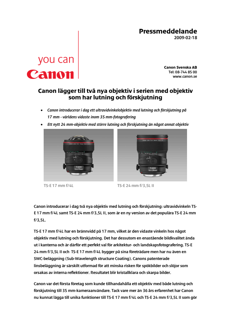 Canon lägger till två nya objektiv i serien med objektiv som har lutning och förskjutning