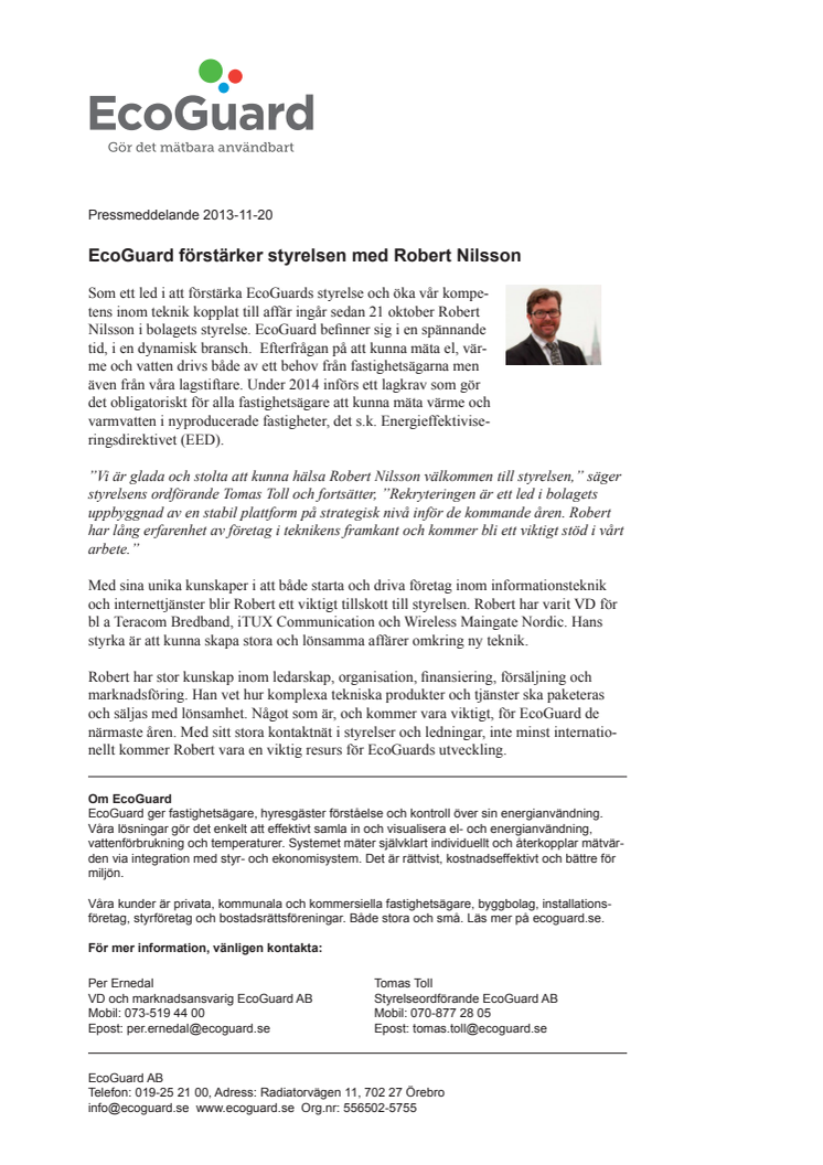 EcoGuard förstärker styrelsen med Robert Nilsson