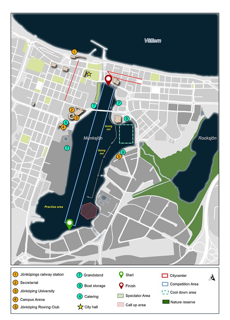 Tävlingsbanan mitt i centrala Jönköping. EUC Rowing 2019.