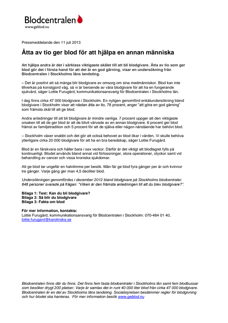 Åtta av tio ger blod för att hjälpa en annan människa