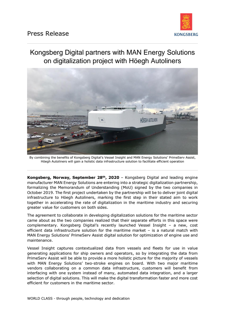 Kongsberg Digital partners with MAN Energy Solutions on digitalization project with Höegh Autoliners