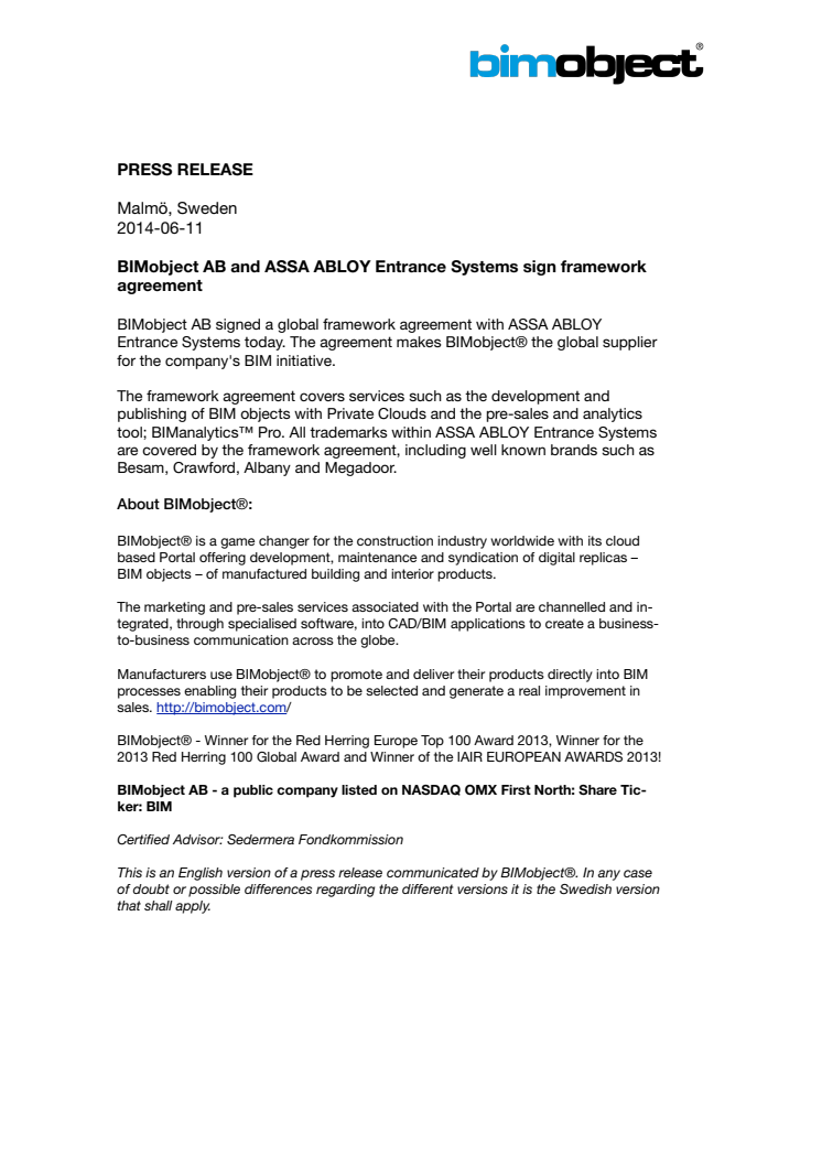 BIMobject AB and ASSA ABLOY Entrance Systems sign framework agreement