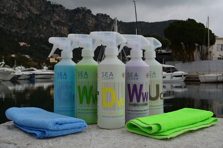 The Sea Clean range of waterless cleaning solutions with microfibre cloths