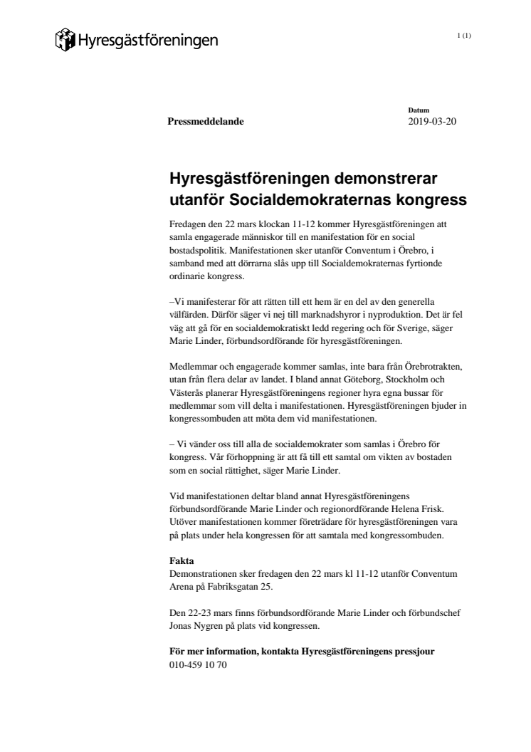 Hyresgästföreningen demonstrerar utanför Socialdemokraternas kongress