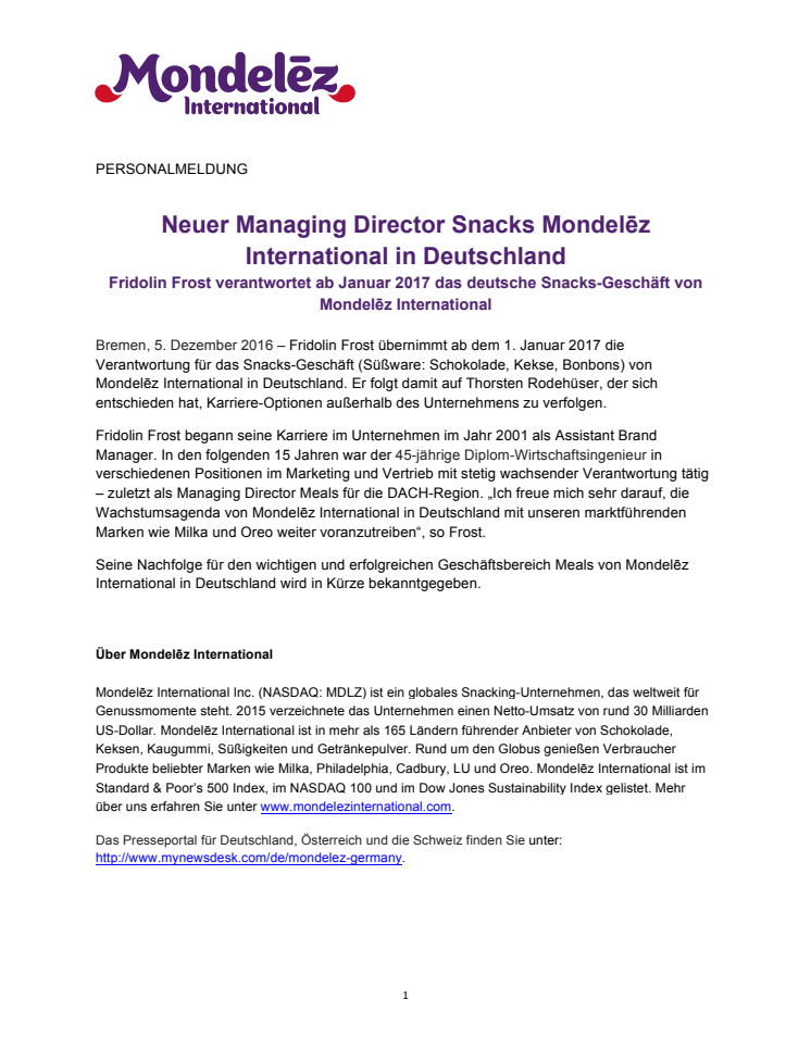 Neuer Managing Director Snacks Mondelēz International in Deutschland