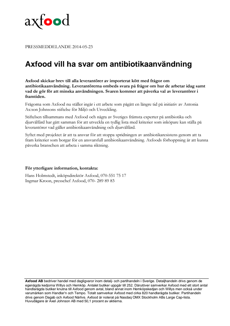 Axfood vill ha svar om antibiotikaanvändning