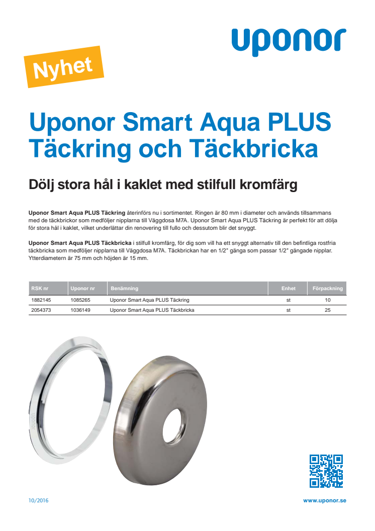 Uponor Smart Aqua PLUS Täckring och Täckbricka döljer stora hål i kaklet med stilfull kromfärg