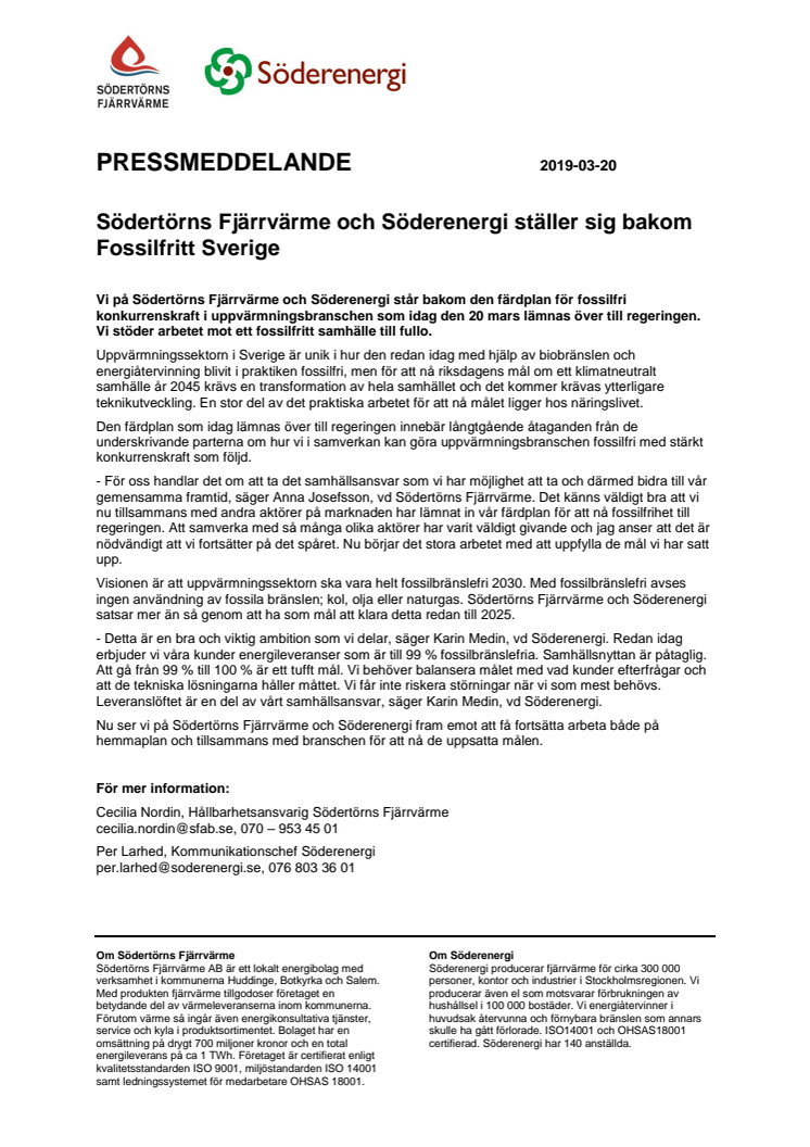 Södertörns Fjärrvärme och Söderenergi ställer sig bakom Fossilfritt Sverige