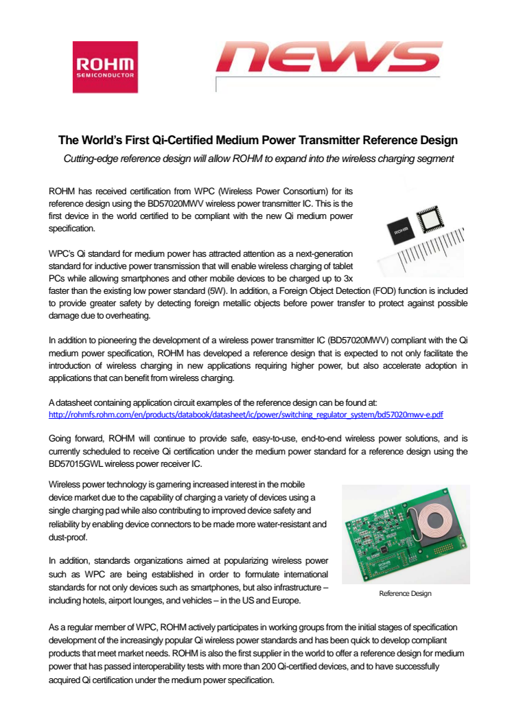 The World’s First Qi-Certified Medium Power Transmitter Reference Design --Cutting-edge reference design will allow ROHM to expand into the wireless charging segment