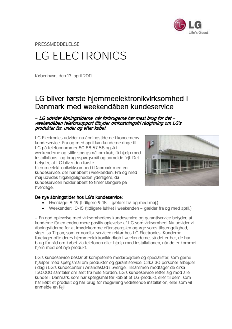 LG bliver første hjemmeelektronikvirksomhed i Danmark med weekendåben kundeservice