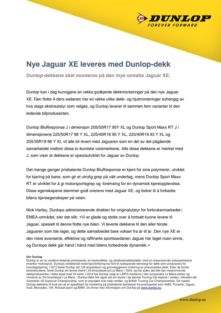 Nye Jaguar XE leveres med Dunlop-dekk