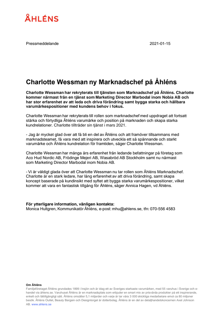 Charlotte Wessman ny Marknadschef på Åhléns  