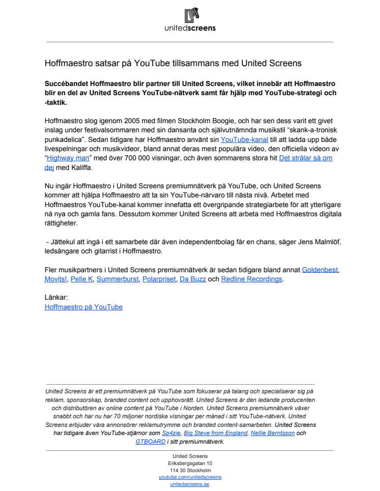 Hoffmaestro satsar på YouTube tillsammans med United Screens