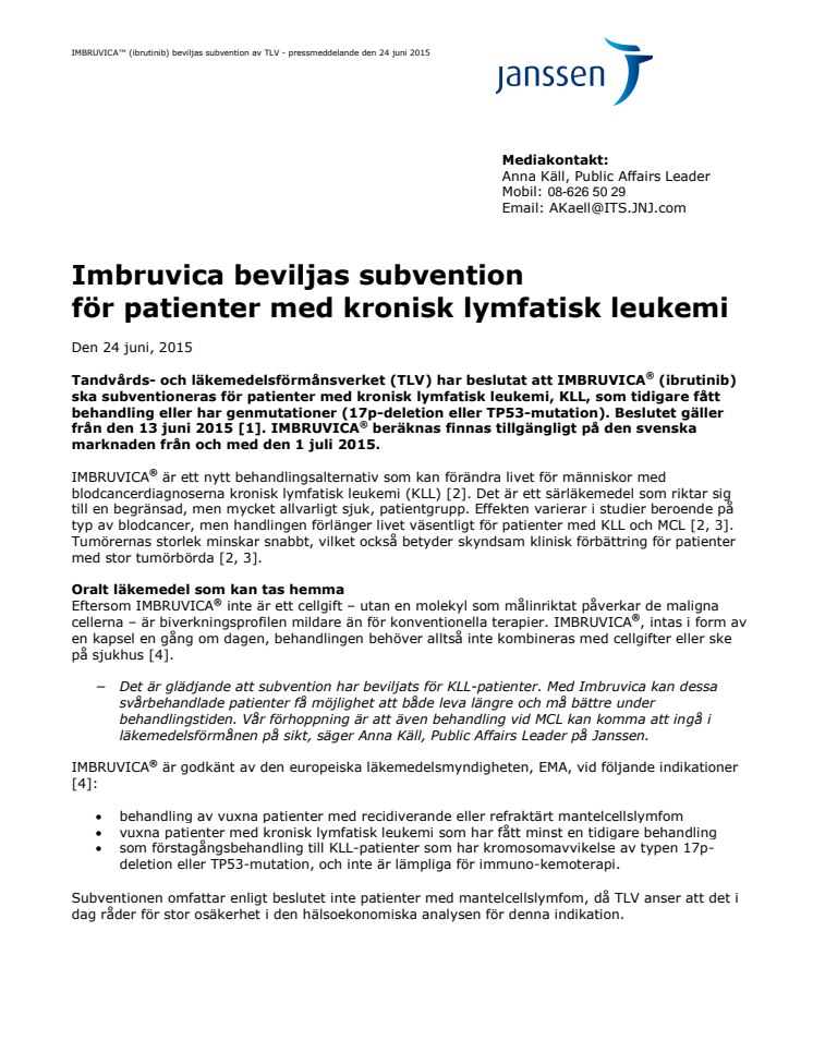 Imbruvica beviljas subvention för patienter med kronisk lymfatisk leukemi