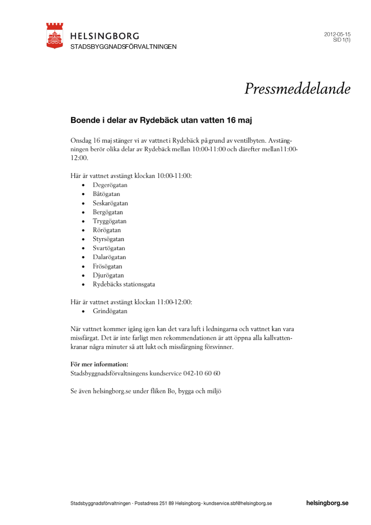 Boende i delar av Rydebäck utan vatten 16 maj