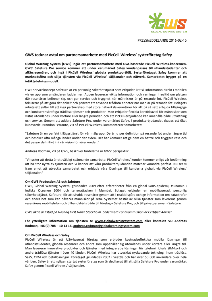 GWS tecknar avtal om partnersamarbete med PicCell Wireless’ systerföretag Safey