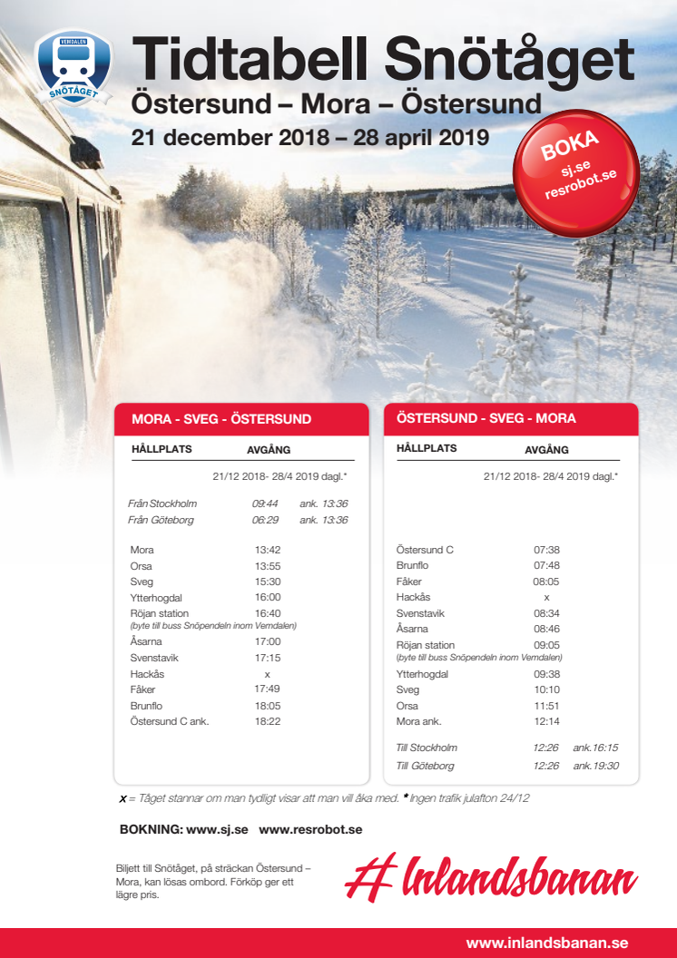 Tidtabell Snötåget vintern 2018/2019