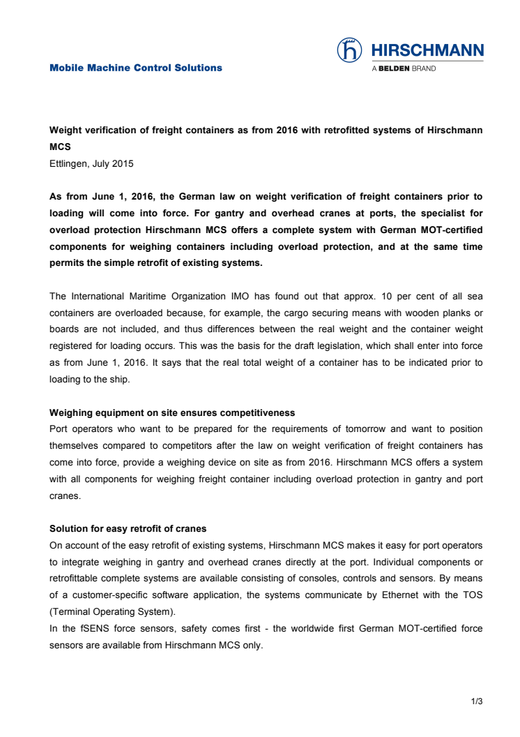 Weight verification of freight containers as from 2016 with retrofitted systems of Hirschmann MCS 