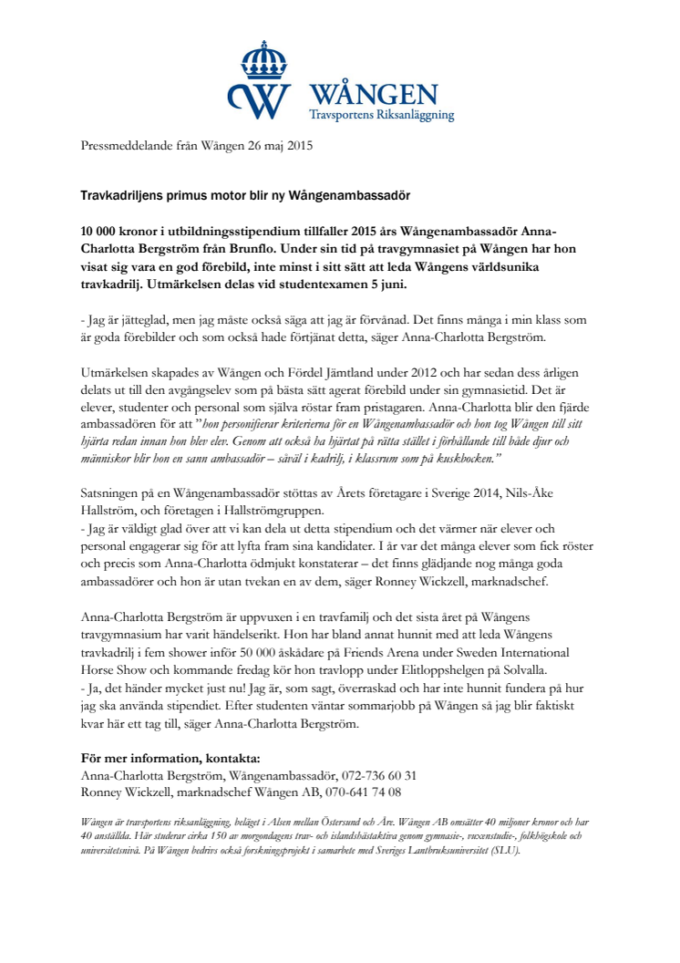 Travkadriljens primus motor blir ny Wångenambassadör