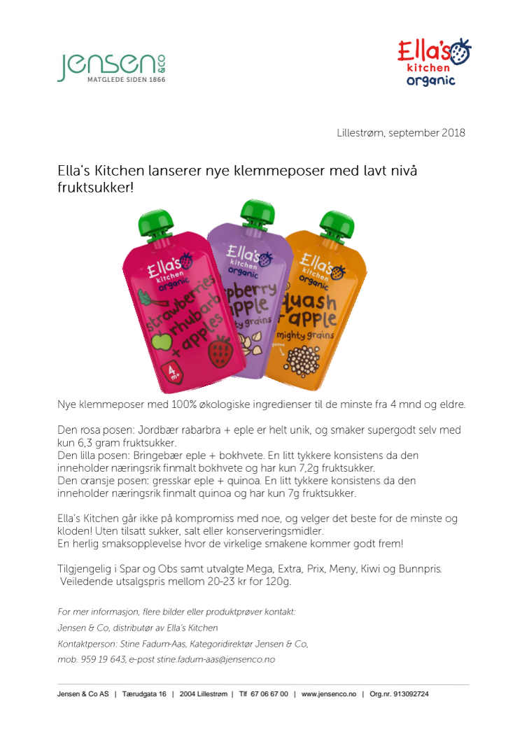 Ella's Kitchen lanserer nye klemmeposer med lavt nivå fruktsukker!