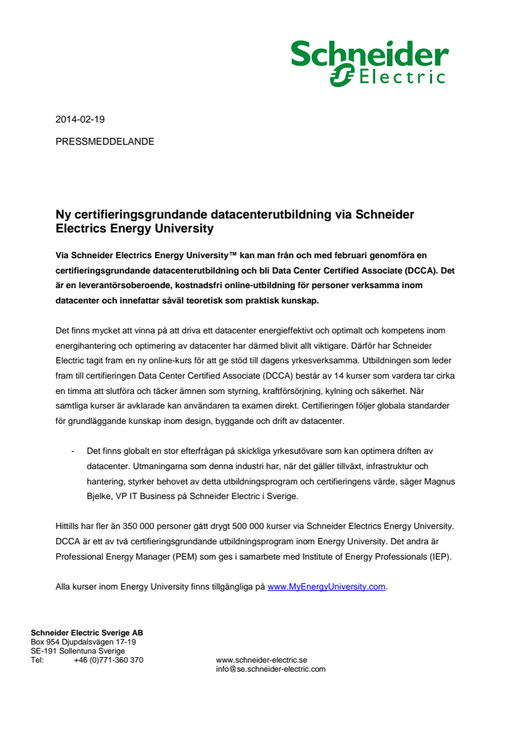 Ny certifieringsgrundande datacenterutbildning via Schneider Electrics Energy University 