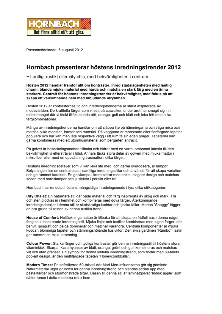 Hornbach presenterar höstens inredningstrender 2012