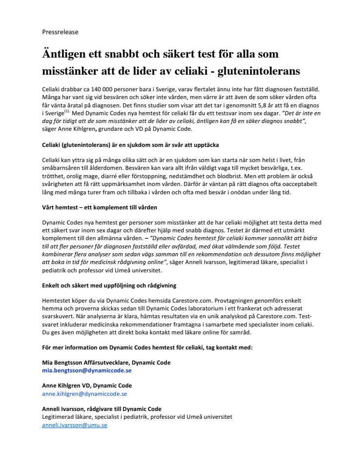 ​Äntligen ett snabbt och säkert test för alla som misstänker att de lider av celiaki, glutenintolerans!