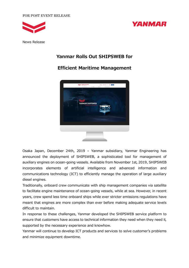 Yanmar Rolls Out SHIPSWEB for Efficient Maritime Management