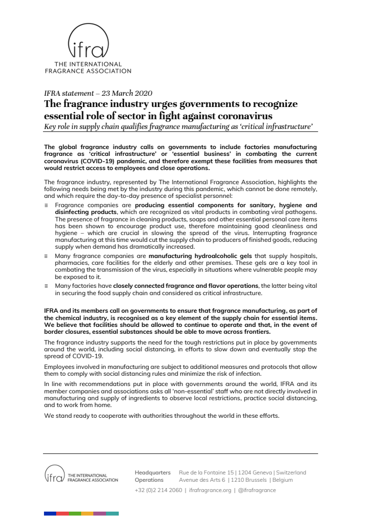The fragrance industry urges governments to recognize essential role of sector in fight against coronavirus