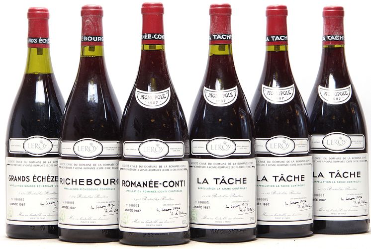 1 bt. Mg. Romanée Conti Grand Cru, Domaine de la Romanée Conti 1987 A (hf/in).  etc. Total 6 bts. Hammerslag: 290.000 kr.