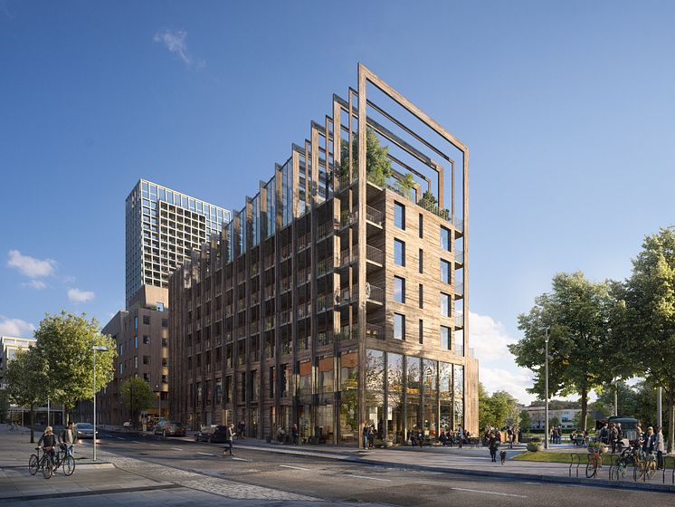 Gatuvy över profilbyggnaden i Kista. Bild: Dreem Arkitekter 