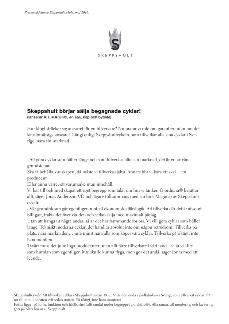Skeppshult börjar sälja begagnade cyklar!  (lanserar ÅTERBRUK®, en sälj, köp och bytsite) 