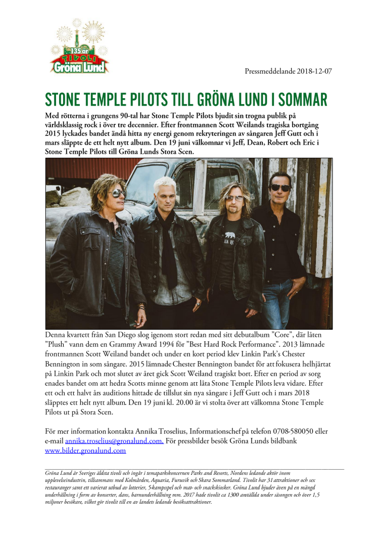 Stone Temple Pilots till Gröna Lund i sommar