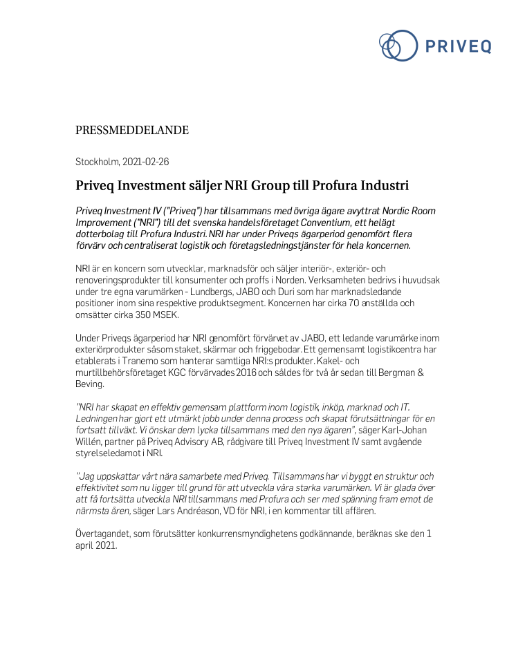 Priveq Investment säljer NRI Group till Profura Industri