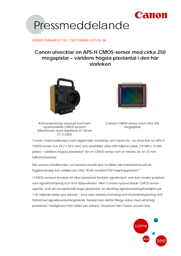 Canon utvecklar en APS-H CMOS-sensor med cirka 250 megapixlar – världens högsta pixelantal i den här storleken