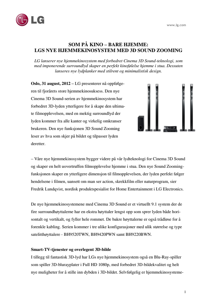 IFA 2012: SOM PÅ KINO – BARE HJEMME: LGS NYE HJEMMEKINOSYSTEM MED 3D SOUND ZOOMING 