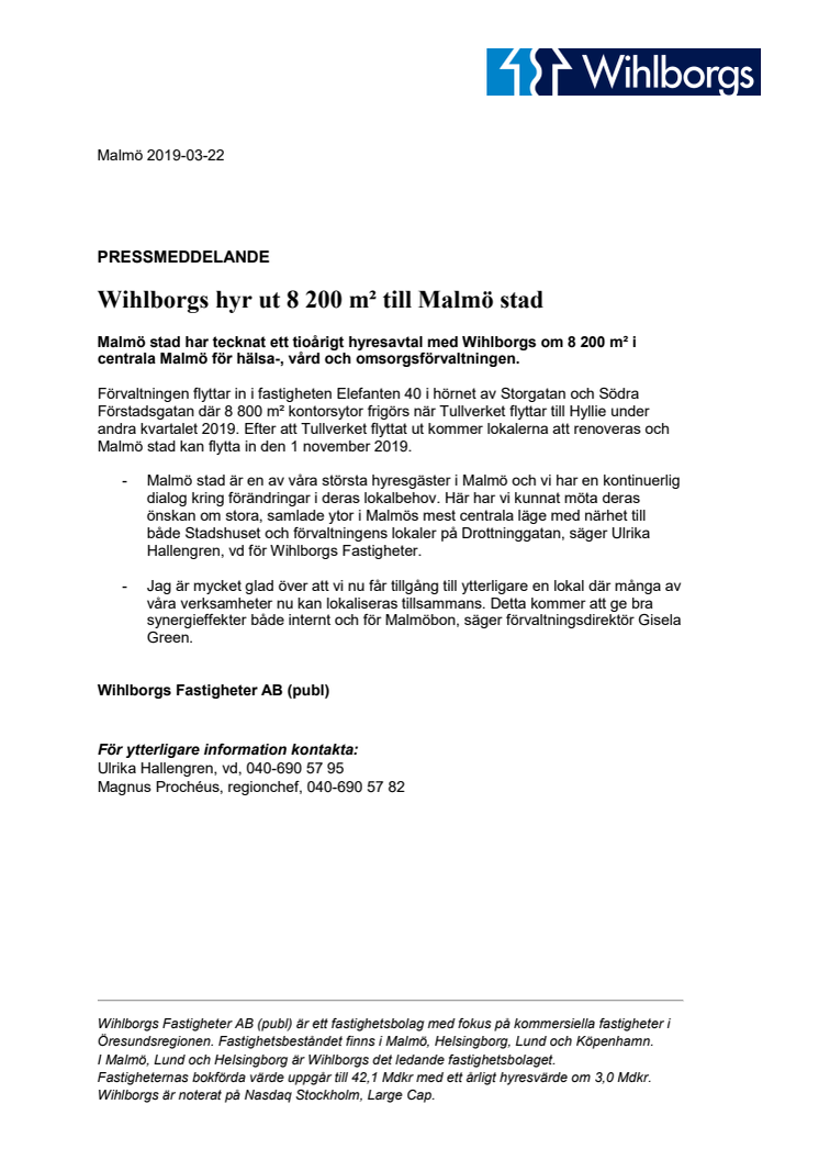 Wihlborgs hyr ut 8 200 kvadratmeter till Malmö stad