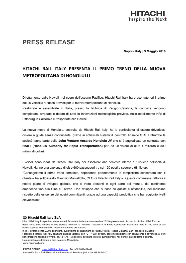 Hitachi Rail Italy presenta il primo treno della nuova Metropolitana di Honolulu