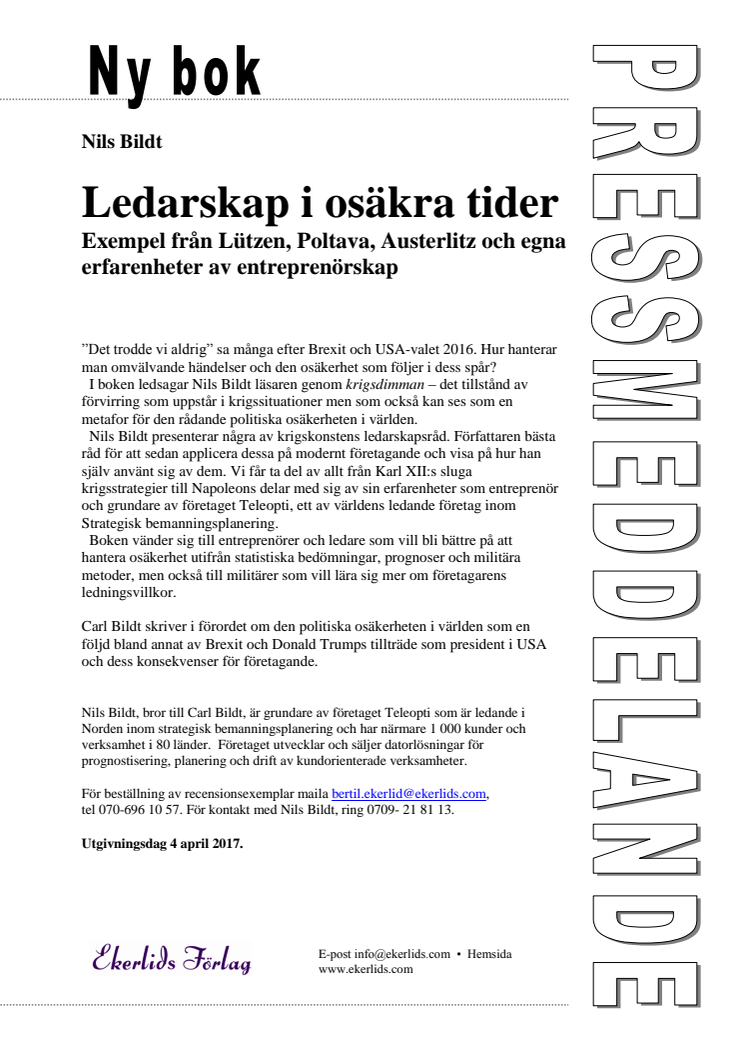 Ny bok: Ledarskap i osäkra tider - exempel från Lützen, Poltava, Austerlitz och egna erfarenheter av entreprenörskap