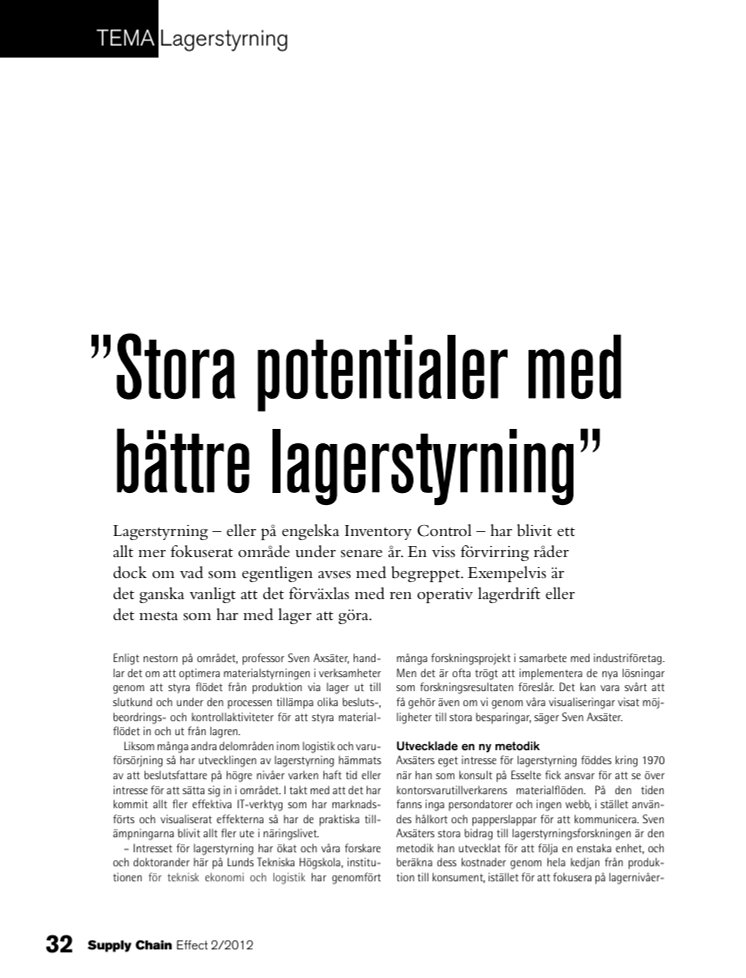 "Stora potentialer med bättre lagerstyrning" i logistikmagasinet Supply Chain Effect