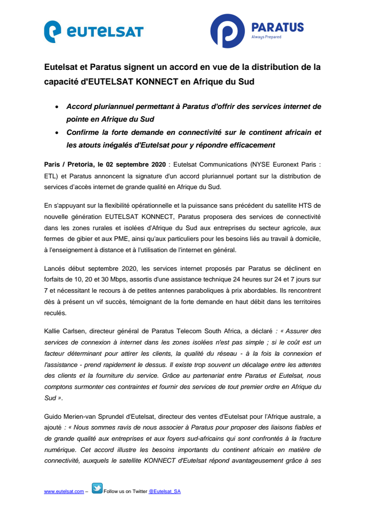 Eutelsat et Paratus signent un accord en vue de la distribution de la capacité d'EUTELSAT KONNECT en Afrique du Sud
